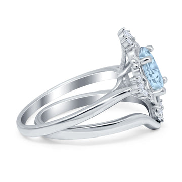 Two Piece Art Deco Engagement Ring Simulated Aquamarine CZ 925 Sterling Silver